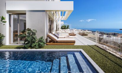 Exclusivas villas pareadas con vistas al mar en venta en un entorno de golf privilegiado en Mijas, Costa del Sol 795286